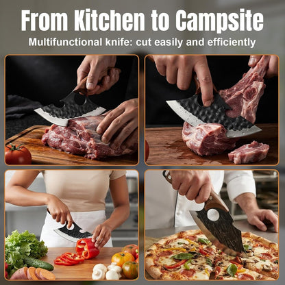 2PCS Hand Forged Viking Boning Knife Set, High Carbon Steel Ulu Knife with Sheath, Viking-Style Cleaver & Pizza Cutter for Meat, Kitchen Knives for Meat Trimming, BBQ, Camping, Fish Filleting5