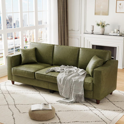 3 Seater Faux Leather Couch with 2 Throw Pillows, Sofa Couches, Olive Green7