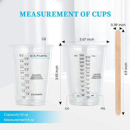 100 PACK 10 Oz Plastic Measuring Cups, with 100 Wooden Mixing Sticks7
