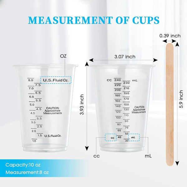 100 PACK 10 Oz Plastic Measuring Cups, with 100 Wooden Mixing Sticks7