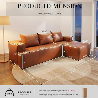 96" L-Shaped Sectional Leather Couch for Living Room, Left Facing Modular Compressed Boneless Cloud Sectional Sofa with Chaise Lounge, Boneless Corner Leather Sofa, No Assembly2