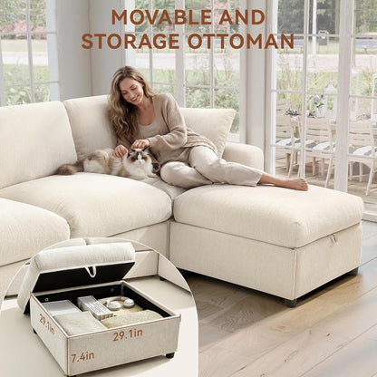 Cloud Sectional Couches for Living Room, 110" Large Modular Sectional Sofa with Wide Deep Seat, L Shaped Couch with Throw Pillow and Storage Ottoman, Beige3
