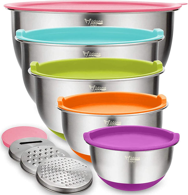 Mixing Bowls with Airtight Lids Set, 5PCS Stainless Steel Nesting Bowls for Kitchen, with Grater Attachments & Non-Slip Bottoms, Size 5, 3, 2, 1.5, 0.63 QT, for Baking & Serving (Colorful)1