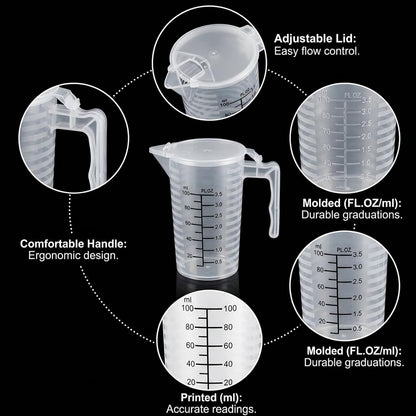 100Ml Plastic Graduated Beaker, 2 Pack Liquid Measuring Cup with Handle with Lid, Measuring Pitcher Measure Containers for Liquid Mixing, Pet Food, Motor Oil, Laboratory, Kitchen3