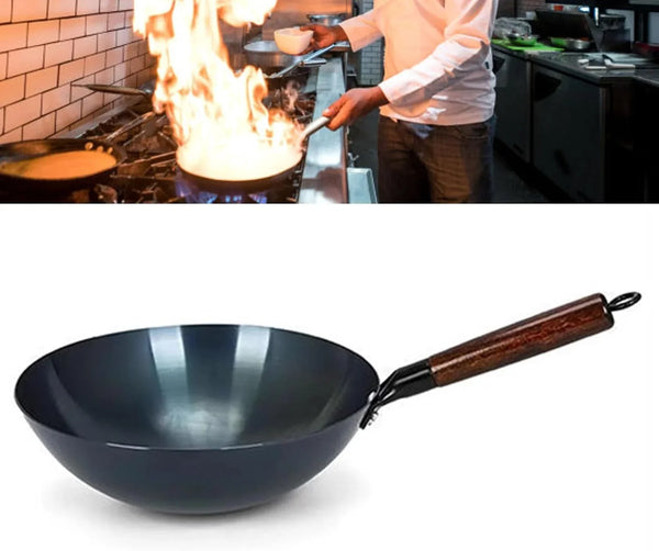 Iron Wok Stir Fry Pan, Chinese Traditional round Bottom Uncoated Nonstick Wok Wooden Single Handleiron Pot for Home and Restaurant(34Cm)6
