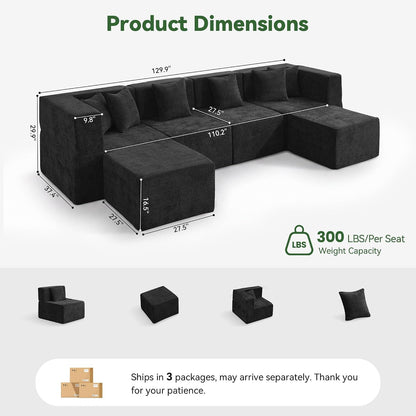U Shaped Boneless Sectional Couch Oversized, Chenille, Black3