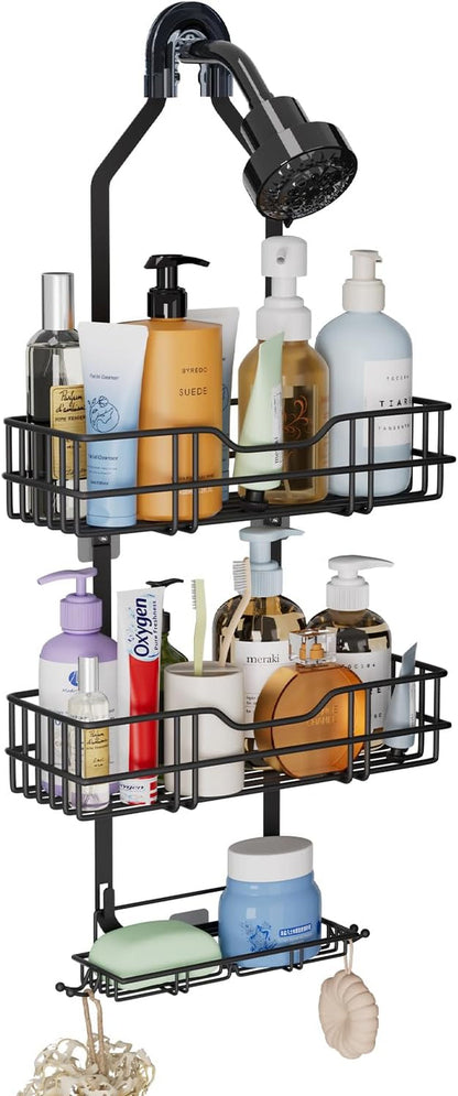 Over the Shower Head Caddy, 3-Tier Hanging Shower Shelves Rustproof, Shower Storage Organizer with Hooks and Soap Holder, No Drilling Bathroom Shower Rack, Black1