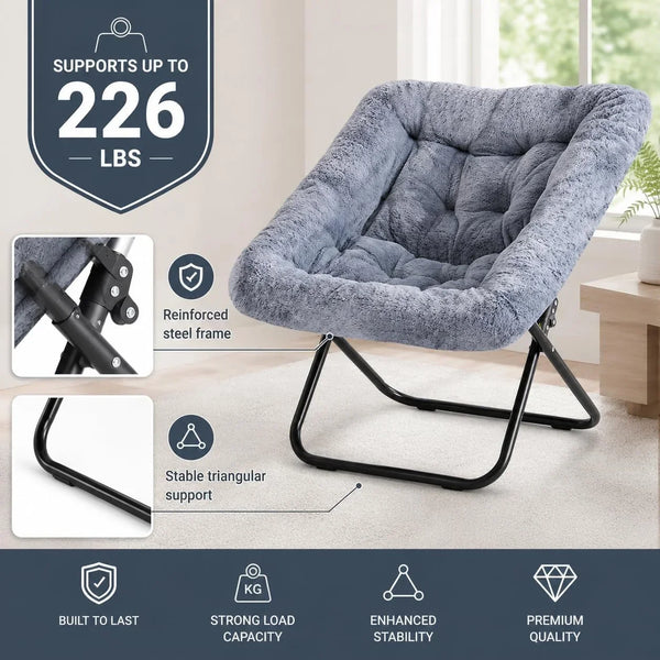 Oversized Square Moon Chair for Adults, Soft Faux Fur Folding Lounge Chair with Sturdy Steel Frame, Comfortable Reading Gaming Chair for Living Room, Bedroom, Grey4