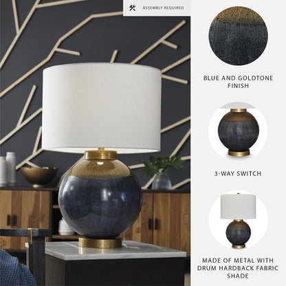 Signature Design by Ashley Table Lamp, Retro Blue with Gold Base | Dark Fabric Drum Shade over a Gold Table Lamp Base with 3-Way Switch, Tall Table Lamps for Living Room, Adara Series3