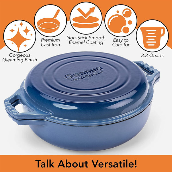 2-In-1 Enameled Cast Iron Braiser Pan with Grill Lid - 3.3-Quart Small Dutch Oven, Serves as Both Casserole & Stovetop Grill Pan, Cast Iron Cookware3