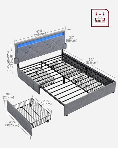 Queen Bed Frame, 4 Storage Drawers on Wheels, Charging Station6
