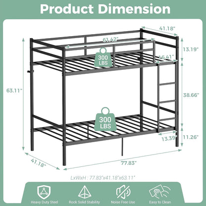 Metal Bunk Bed Twin over Twin for Kids and Teens, Noise-Free Design, Black2