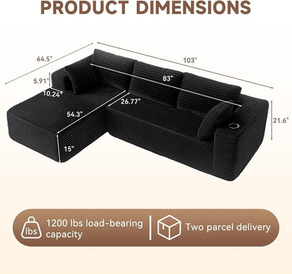 106" L Shaped Cloud Sectional Couch with Chaise, Corduroy Boneless Couch with Wide Armrests and Cup Holders for Living Room Bedroom, No Assembly Required (Black)3