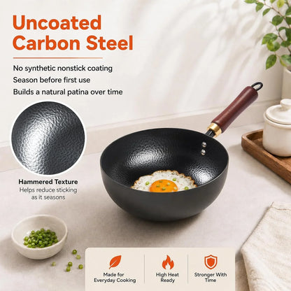 8-Inch Carbon Steel Wok with Lid, Flat Bottom, Gas and Induction | Hammered Carbon Steel, 1.6 Qt Capacity, Removable Beechwood Handle, Uncoated, for Noodles, Eggs, Sauces and 1-2 Servings4