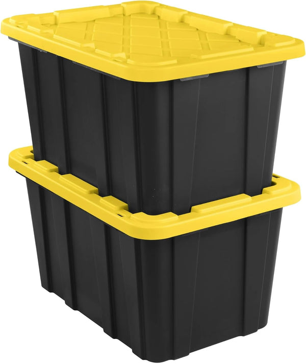 6-Pack 27-Gallon Industrial Totes - Rugged Black & Yellow Plastic Storage Bins with Secure Snap-On Lids, Stackable Design for Garage, Warehouse or Workshop Organization7