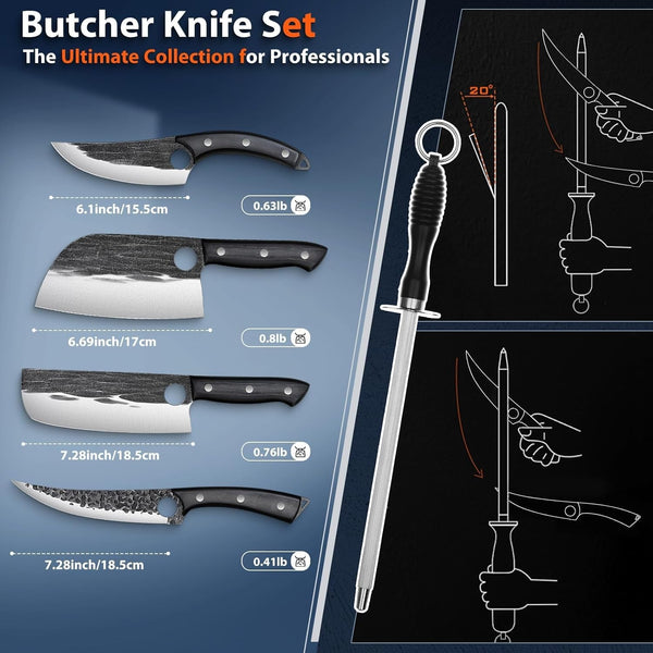 Professional Butcher Knife Set - 7 PCS Hand Forged BBQ Knife Sets | High Carbon Steel, Full Tang, Ergonomic Rosewood Handle, Non-Stick Hammer Texture, Gift Box, for Kitchen Outdoor Cooking5