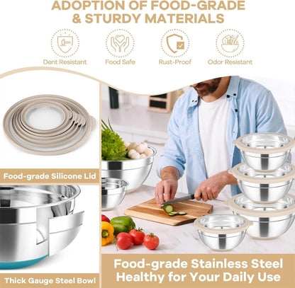 Mixing Bowls with Clear Lids, Stainless Steel Salad Bowls, Khaki3