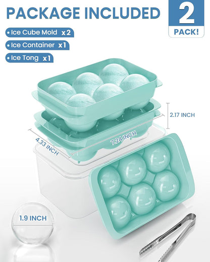 Large Ice Cube Tray for Freezer - 2 Pack Stackable round Ice Cube Molds Set, Easy to Fill & Release with Storage Bin and Tongs for Kitchen, Party, Cocktail & Coffee, Gifts for Whiskey Lover (1.93In)2