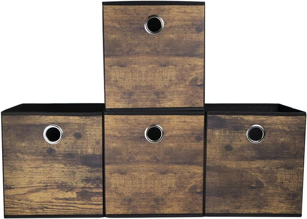 4 Pack Durable Storage Cube Bins with Wood Grain,Thickened Fabric Box,Storage Baskets for Open Shelf,Bookcase,Closet,Storeroom,Bedroom,Living Room,Nursery,Office,Dorm, 10.2X10.2X11In (Small)1