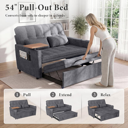 54'' Convertible Sleeper Sofa Bed with Swivel Side Table, Chenille Pull Out Couch for Living Room, Loveseat Sleeper Couch with Side Pocket | Charging Port | Cup Holder, Dark Grey3