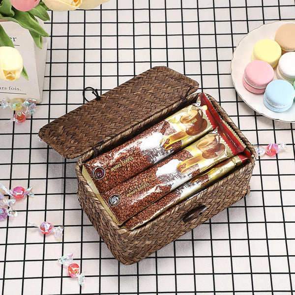 Handwoven Wicker Basket with Lid Small Desktop Seagrass Organizer4