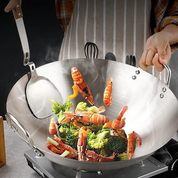 Stainless Steel Wok 12.59 Inch Double Ear Frying Pan with 2 Handles Practical Cooking Wok for Stir Frying Meat and Vegetables Home Kitchen Cookware4