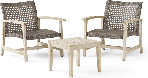 Hampton Outdoor 3 Piece Acacia Wood and Wicker Conversation Set with Club Chairs and Side Table, 28.25 "W X 31 "D X 31.5 "H, Mixed Black + Weathered Gray1
