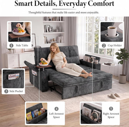 65'' Convertible Sleeper Sofa Bed with Swivel Side Table, Chenille Pull Out Couch for Living Room, Loveseat Sleeper Couch with Hidden Storage Space | Charging Port | Cup Holders, Grey5