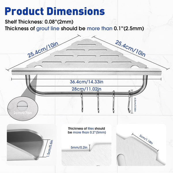 Shower Corner Shelf, 10'' Corner Shower Shelf with Towel Bar & Hooks, 2-Pack 304 Stainless Steel Recessed Bathroom Shelves, Grout in Bathroom Shower Shelf for Tiled Wall,(Brushed Nickel)2