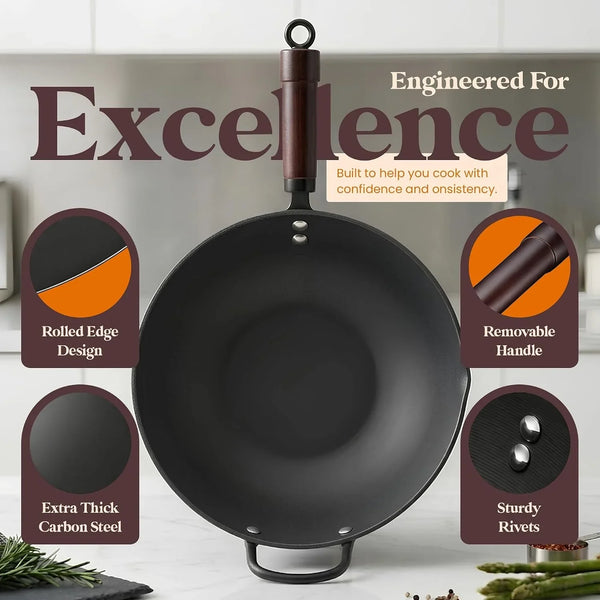 Carbon Steel Wok with Lid Ceramic Nonstick Flat Bottom Wok Pan Induction Compatible Stir Fry Wok Beech Wood Handle Glass Lid Healthy Cooking Wok for Gas Electric Ceramic Halogen Cooktops3
