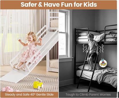 Twin over Twin Bunk Bed with Slide,40° Gentle-Slope & LED Light, White9