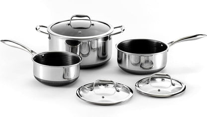 Hexclad 6Pc Hybrid Nonstick Pot Set with Lids, 2, 3 & 8 Qt Pots | Stay-Cool Handles, Dishwasher and Oven Safe up to 900°F, Compatible with All Cooktops1