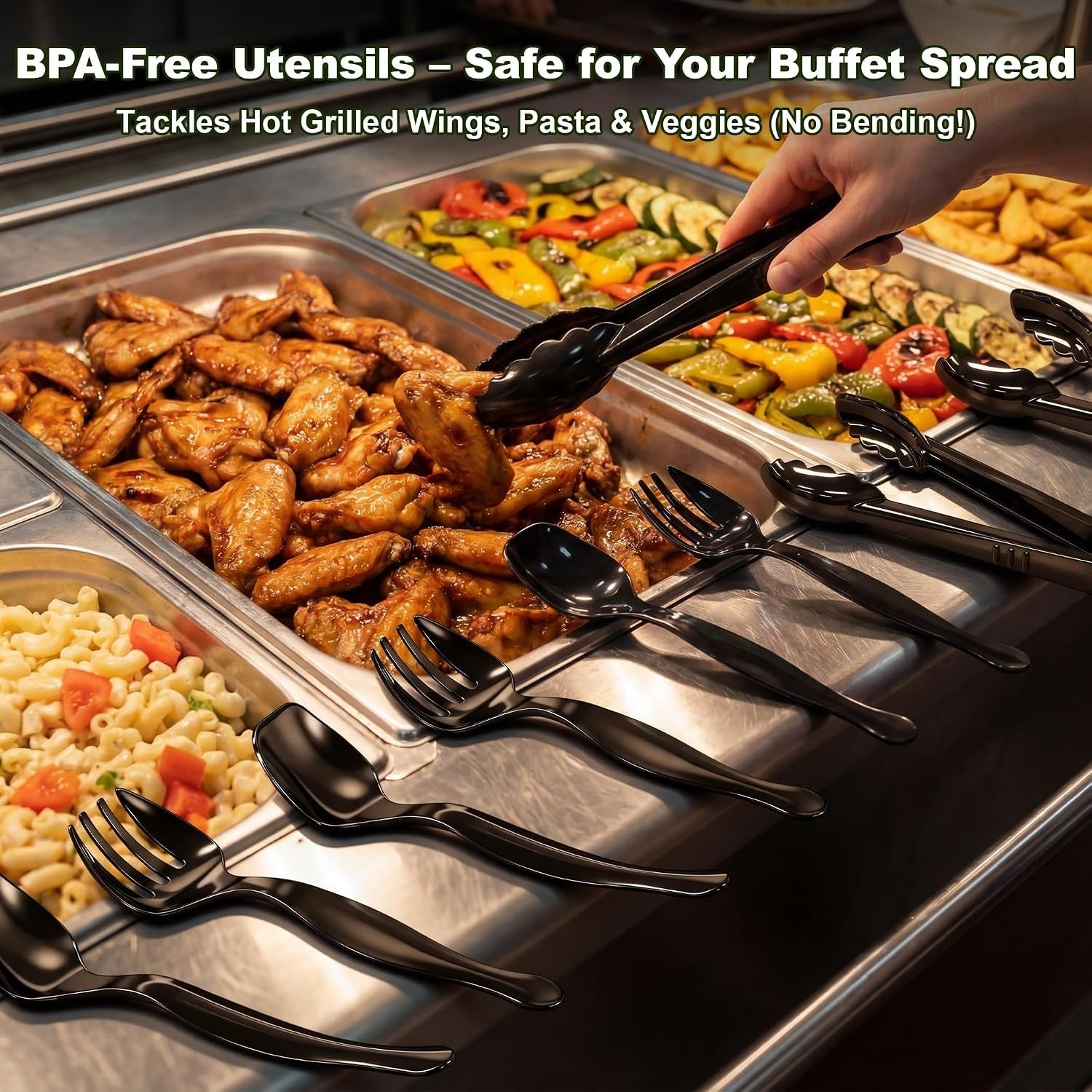 36pcs-disposable-plastic-serving-utensils-set-12-black-spoons-12-forks-12-tongs-9-inch-for-party-buffet-catering-events-heavy-duty-and-ergonomic-design