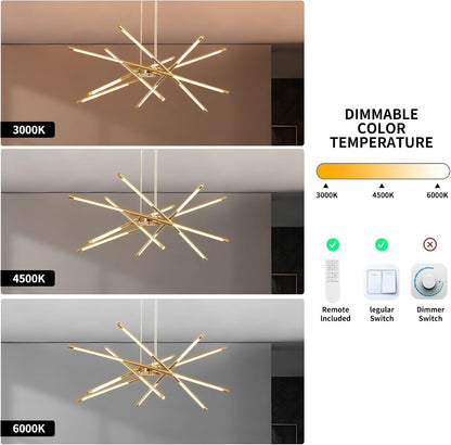 Modern Gold Chandelier, 12-Light LED Linear Pendant Light Fixture, Dimmable Gold Chandeliers for Dining Room, Living Room, Bedroom, Kitchen Island3