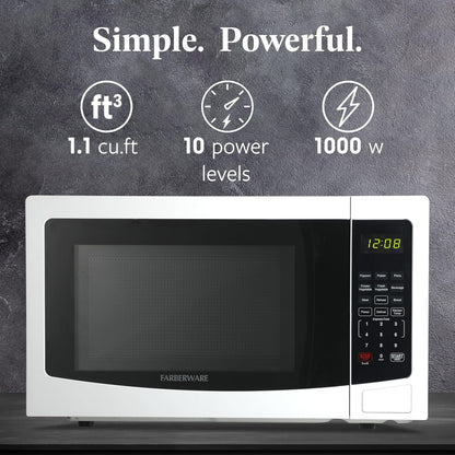 1.1 Cu. Ft. Countertop Microwave Oven – 1000 Watts Power, Auto Cook Settings, Defrost, Easy Clean and Child Safety Lock - White2