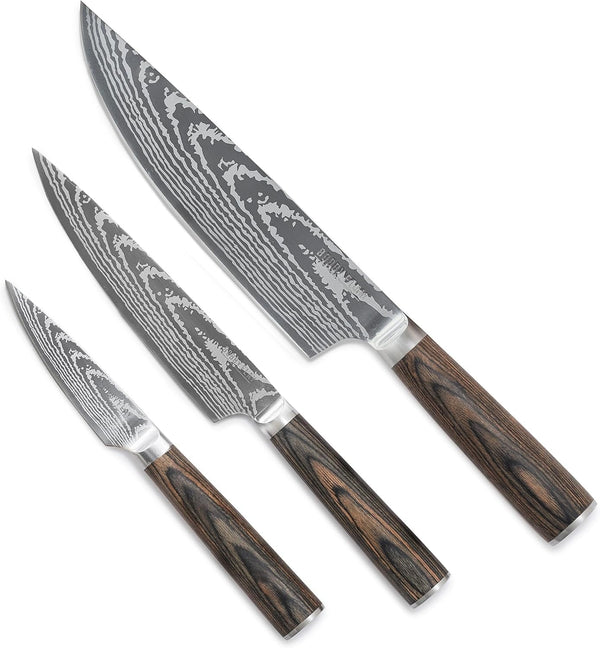 X Bobby Flay 3 Piece Knife Set, Pairing Utility & Chef’S Knife, Premium Stainless Steel Blades, Precision Cutting Kitchen Tools, Hand Finished Ergonomic Wood Handle, Damascus Steel Design1