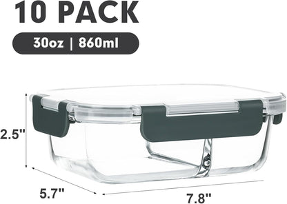 10 Pack,30 Oz, 2 Compartments Glass Meal Prep Containers with Lids2