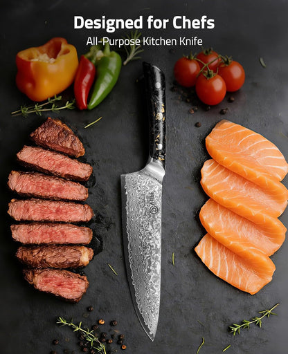 Chef Knife, 8" Damascus Steel Knife with High Carbon 10Cr15Mov Core7