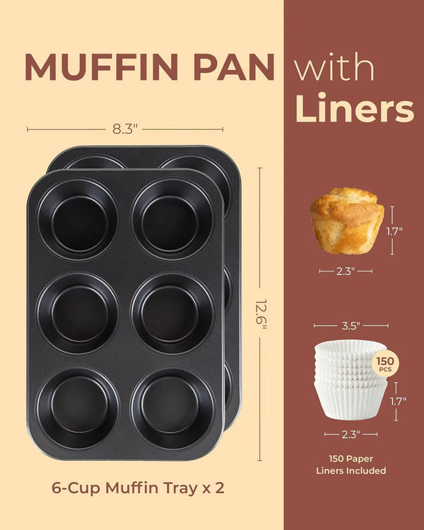 2-Pack Jumbo Muffin Pan with 150 Liners, 12.6" X 8.3", Nonstick | 6-Cup, 3.5" XL Cups, Bonus Liners, Carbon Steel, Ptfe-Free, 450°F Oven Safe, Extra Large Muffin Pan, XL Treats, Egg Bites3