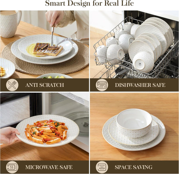 16 Pieces Dinnerware Set, Farmhouse Style Stoneware Plates and Bowls Sets for 4, Embossed Boho Ceramic Dish Set with Mugs, Microwave & Dishwasher Safe, Series LYDIA4