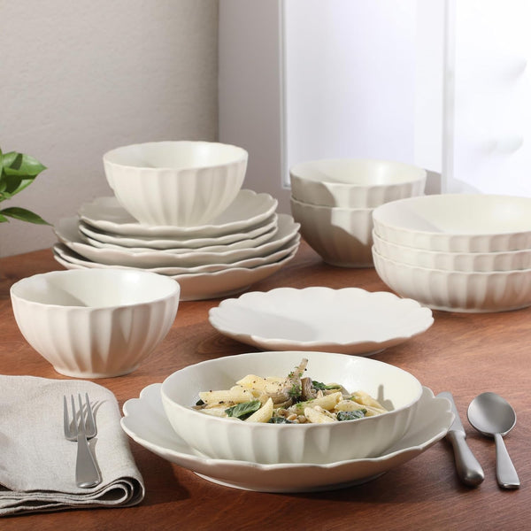Malibu Shore 16 Piece Scalloped Edge Stoneware Matte Reactive Glaze (Service for 4) Ceramic Plates and Bowls Dinnerware Set - Cream White4