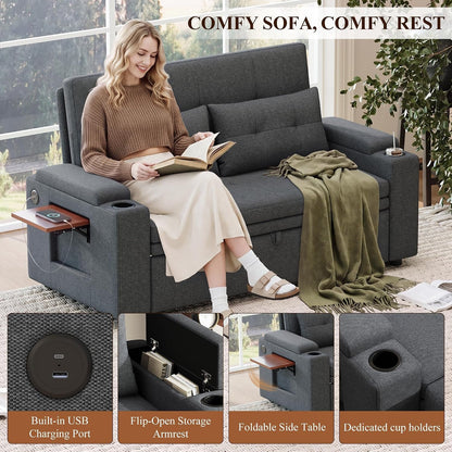 65'' Convertible Futon Sofa Bed, Fabric Pull Out Couch, Dark Grey4