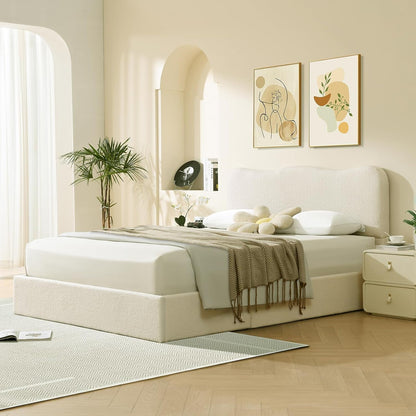 Full Size Lift-Up Storage Bed, Modern Upholstered Boucle Bed with Curved Headboard, Gas Lift Platform, Sturdy Wooden Slat Support, No Box Spring Needed, Easy Assembly, Cream White2