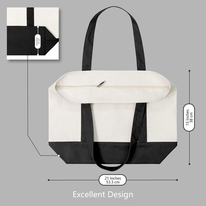 1 | 3 | 6 | 30 Pack Canvas Tote Bag with an External Pocket, Reusable Grocery Shopping Bag, Top Zipper Closure, Daily Essentials (Black/Natural Pack of 1)5