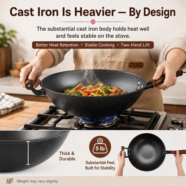 14.2 Inch Cast Iron Wok with Wooden Lid & Handle, Flat Bottom Stir Fry Wok Pan, Turtle-Pattern Textured Uncoated Large Wok Skillet for Induction, Gas & Electric (Seasoning Required) | Uncoated Cast Iron Wok with Wood Lid for Induction, Gas and Electric Stoves; Season before Use.6