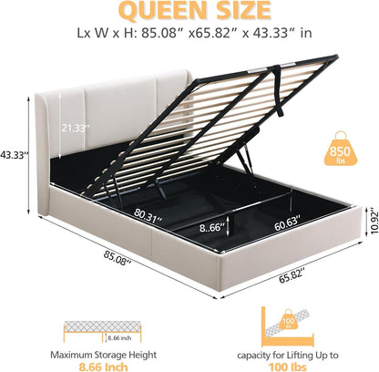Queen Lift up Storage Bed Frame, Velvet-Look Upholstered Bed with Modern Wingback Headboard, Gas Lift Storage, Wood Slat Support, No Box Spring Needed, White2