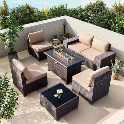 7 Pieces Patio Furniture Set with 55000BTU Fire Pit Table, Wicker Patio Set with Wide Armrests 29.5'' High Backrest Thick Cushions 1 Coffee Table, Outdoor Furniture for Porch Deck Khaki1