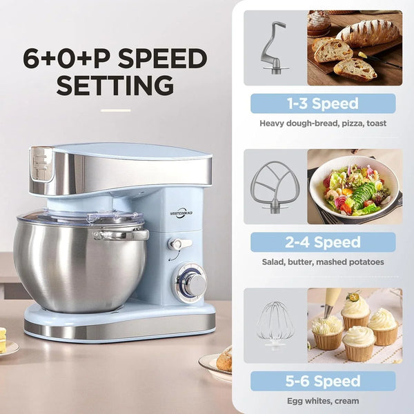 Stand Food Mixer 6.3 Qt Tilt-Head 400W 6-Speed Blue | Kitchen Electric Mixer with Stainless Steel Bowl, Pulse Motor, Dough Hook,Whisk,Beater,Household Standing Mixer for Baking4