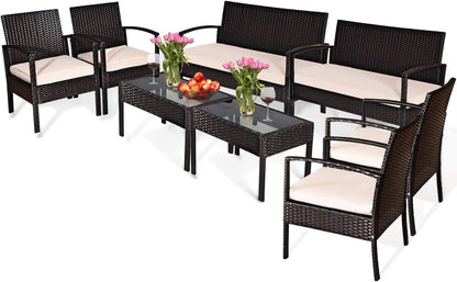 8 PCS Patio Rattan Conversation Furniture Set Cushioned Seat Glass Tabletop1