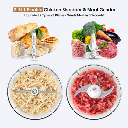 Food Processors, 2 in 1 Electric Chicken Shredder &Food Chopper with 250W Copper Motor,1.5L Bowls & 2 Bi-Level Blades,One-Touch Electric Chicken Breast Shredder Tool-Smart Overheat Protection2